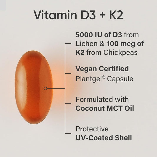 Sports Research® Vegan Vitamin D3 + K2 w/Coconut Oil, 30 Count Plantgels™ | Plant-Based Vitamin D 5000iu/125mcg & Soy-Free Vitamin K 100mcg for Bone & Immune Support - Vegan Certified · Non-GMO