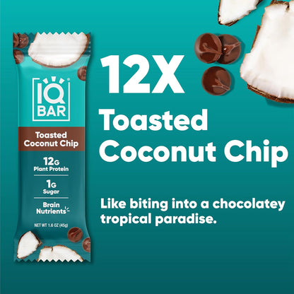 IQBAR Clean Plant Protein Bars - Toasted Coconut Chip - 12/24/36 Count - Keto, Vegan, High Fiber, Gluten and Dairy Free, Low Sugar Snack - Brain and Body Nutrients for Focus, Energy, Meal Replacement