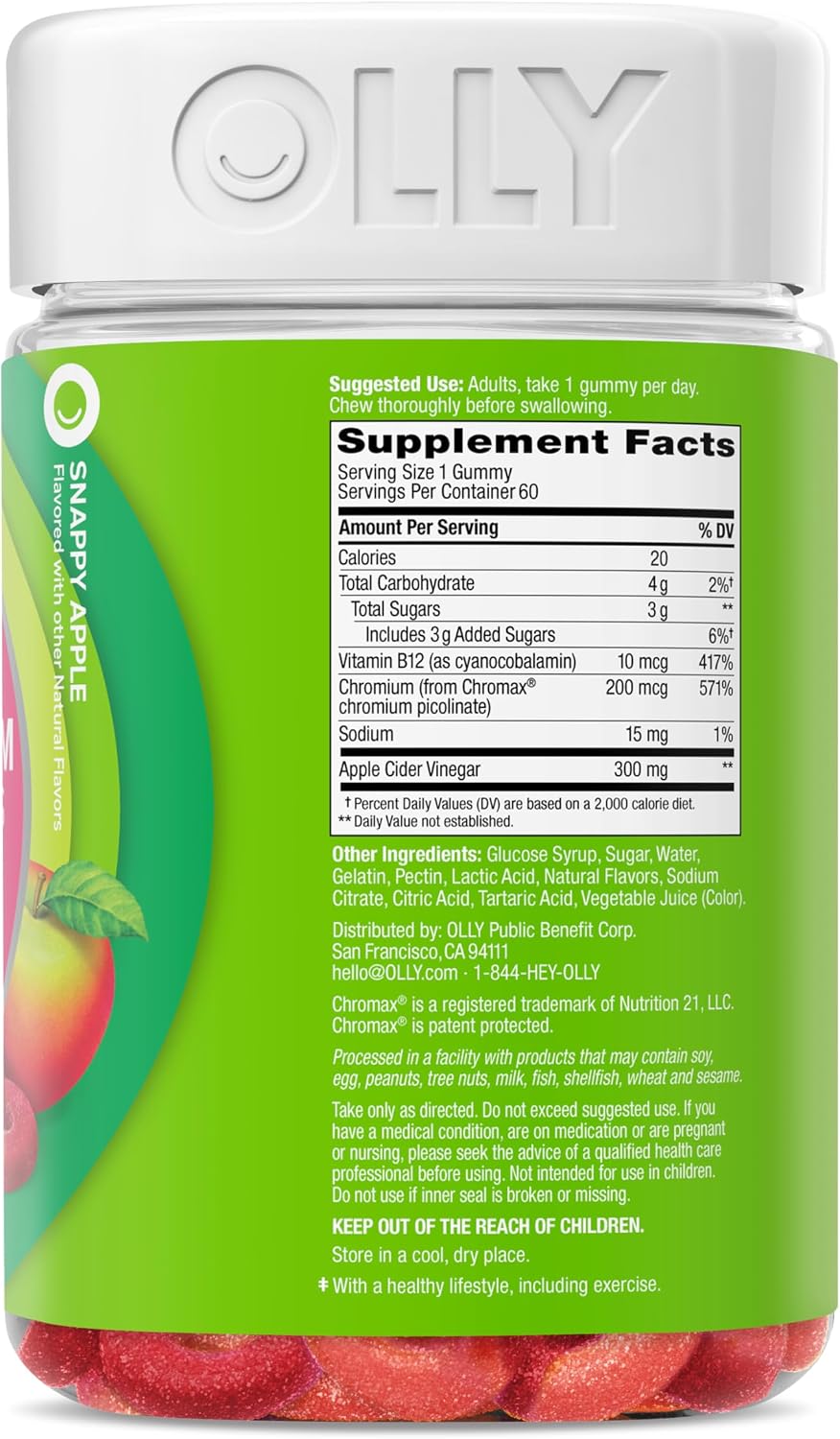 OLLY Metabolism Gummy Rings, Apple Cider Vinegar, Vitamin B12, Chromium, Energy and Digestive Health, Chewable Supplement, Apple Flavor - 30 Count