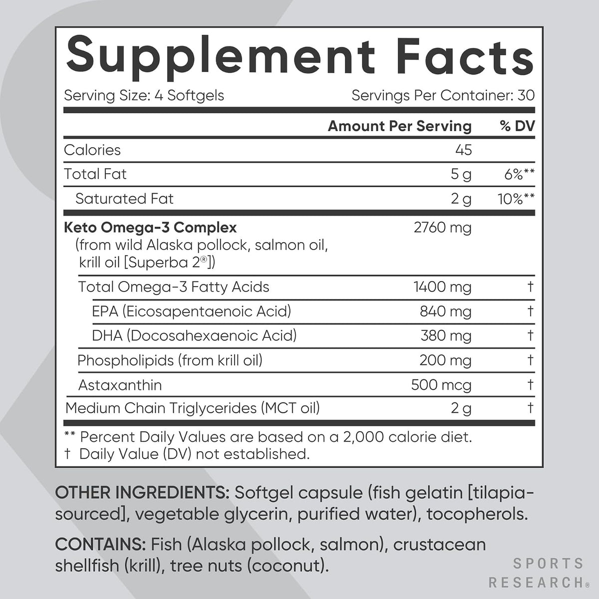 Sports Research® Keto Omega-3 Fish Oil 1400mg, 120 Softgels | Omega-3 Supplement from Wild Sockeye Salmon, Antarctic Krill Oil, Astaxanthin & MCT Oil - 1220mg of EPA & DHA per Serving