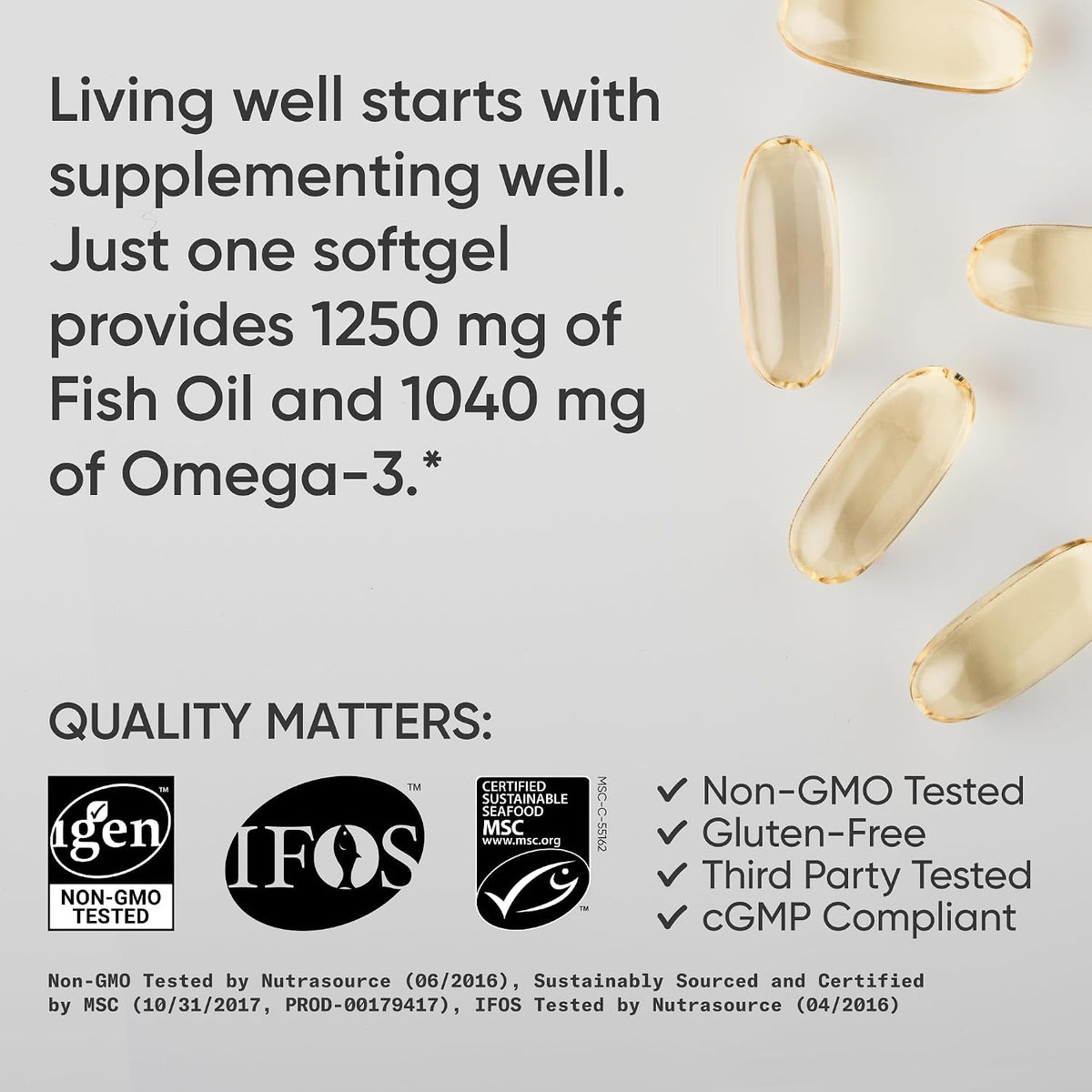 Sports Research® Omega-3 Fish Oil 1250mg from Wild Alaska Pollock, 30 Count | Always Fresh Never Fishy | 690mg EPA 260mg DHA per Softgel · Heart & Brain Health* · MSC Certified Sustainable - 30 Servings