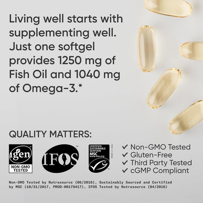 Sports Research® Omega-3 Fish Oil 1250mg from Wild Alaska Pollock, 30 Count | Always Fresh Never Fishy | 690mg EPA 260mg DHA per Softgel · Heart & Brain Health* · MSC Certified Sustainable - 30 Servings