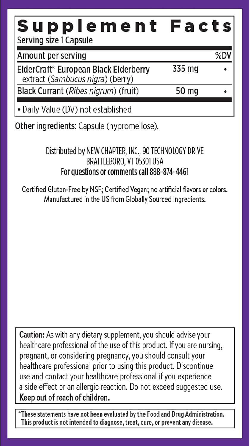 New Chapter Vegan Elderberry Capsules with 64x Concentrated Black Elderberry + Black Currant for Comprehensive Immune Support, Non-GMO Project Verified, Gluten Free, Certified Vegan, 30 Count