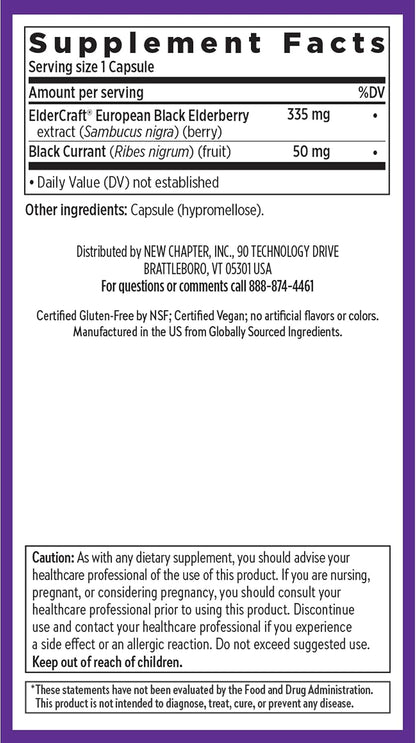 New Chapter Vegan Elderberry Capsules with 64x Concentrated Black Elderberry + Black Currant for Comprehensive Immune Support, Non-GMO Project Verified, Gluten Free, Certified Vegan, 30 Count