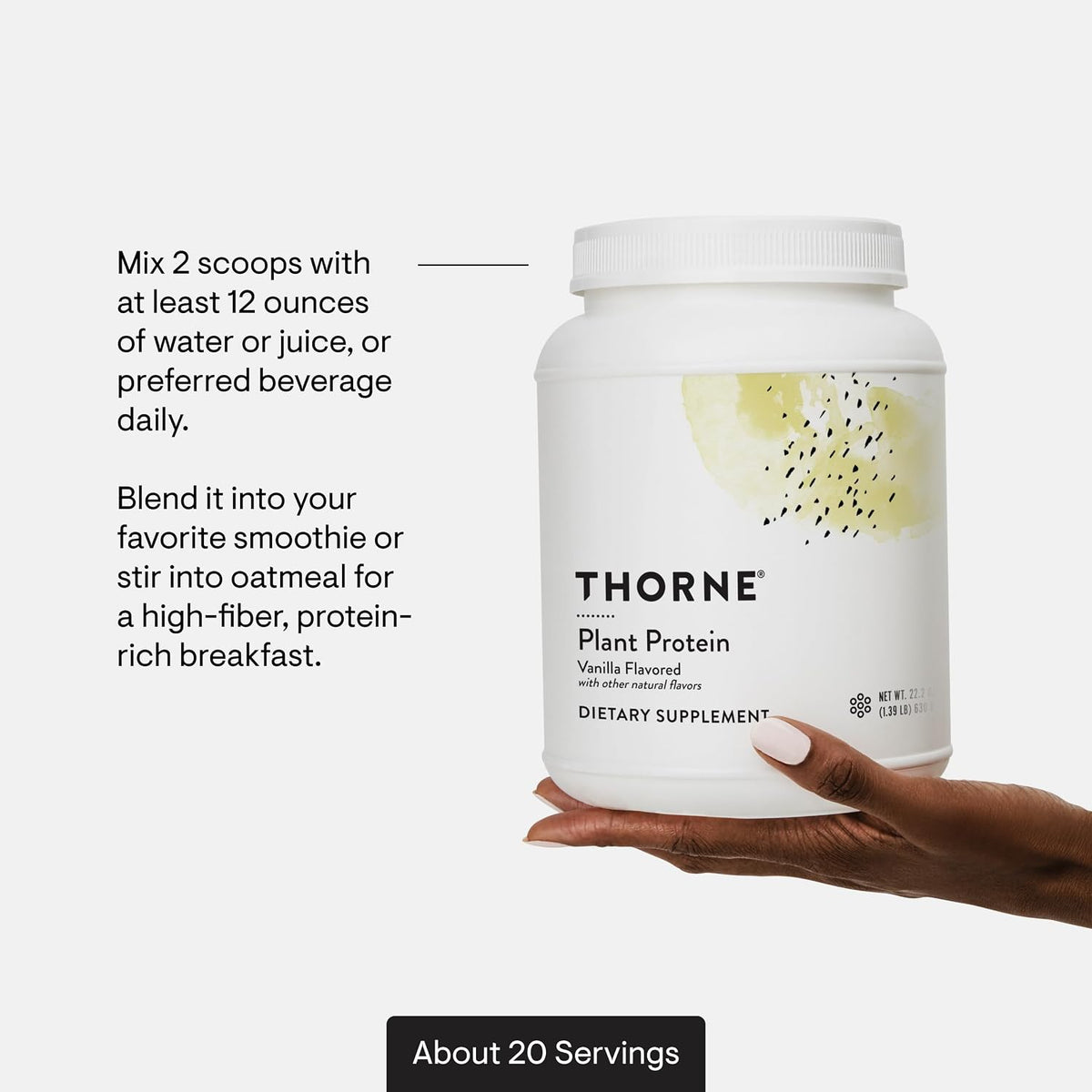 THORNE - Plant Protein - 22 Grams of Vegan Protein Powder - Pea, Rice & Chia Seed Protein with Complete Amino Acid Profile - NSF Certified for Sport - Vanilla - Gluten-Free - About 20 Servings