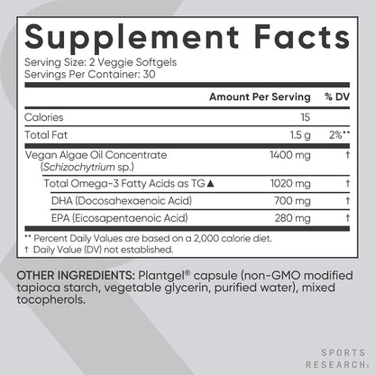 Sports Research® Vegan Omega-3 Algae Oil 1040mg, 60 Count Plantgels™ | Triglyceride Form EPA & DHA - Vegan, Non-GMO, Carrageenan-Free Softgel