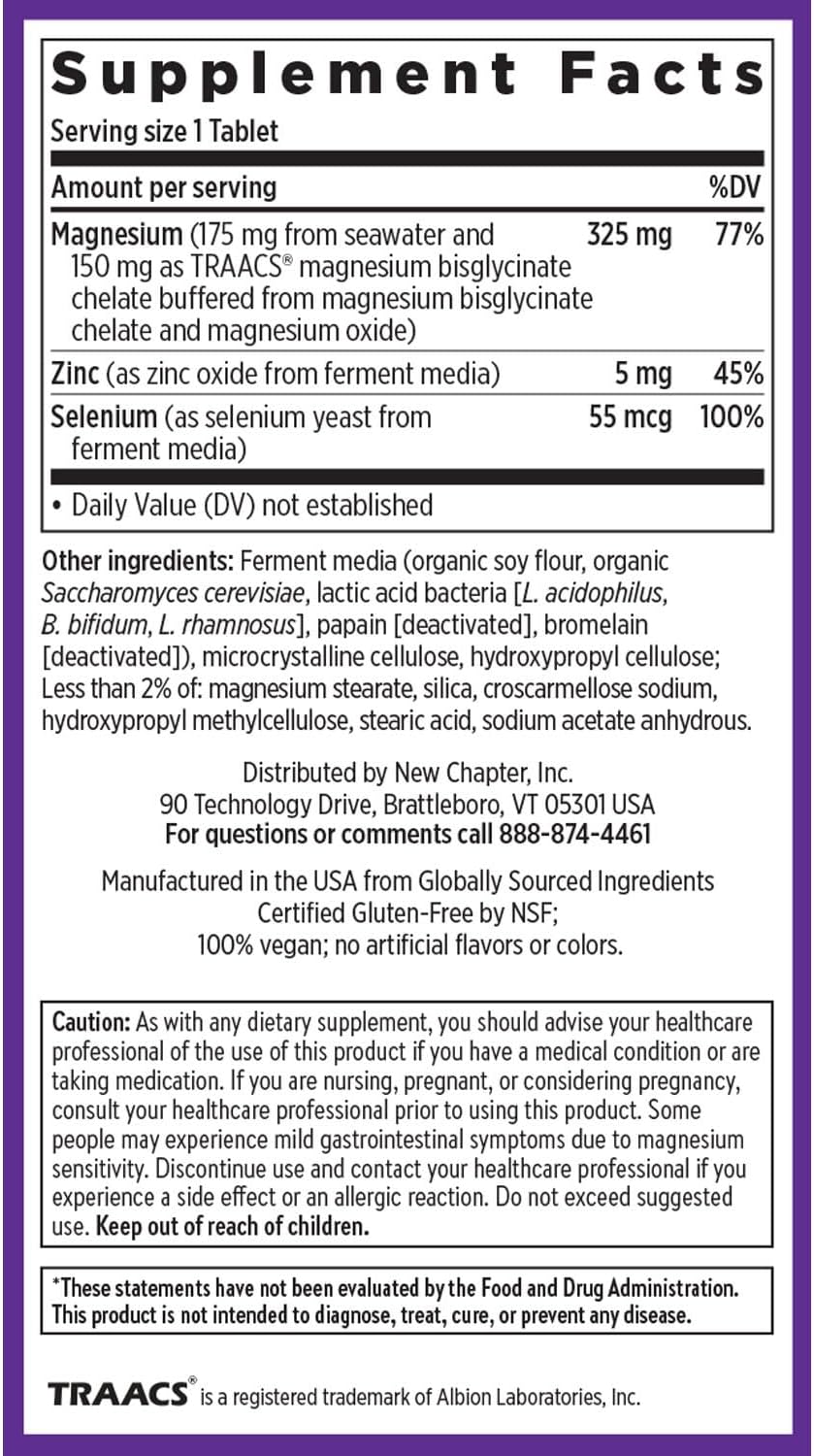New Chapter Magnesium + Selenium & Zinc Tablets - Bone Health & Muscle Support Supplement* - Supports Electrolyte Balance* - Vegan, Gluten Free, Non-GMO & Kosher - 30 Tablets