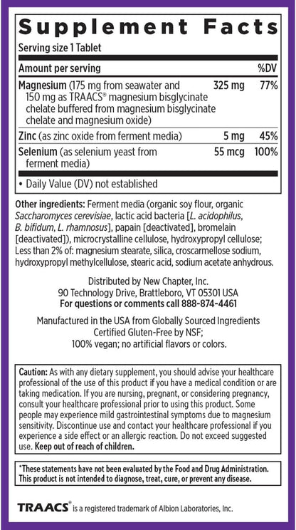 New Chapter Magnesium + Selenium & Zinc Tablets - Bone Health & Muscle Support Supplement* - Supports Electrolyte Balance* - Vegan, Gluten Free, Non-GMO & Kosher - 30 Tablets