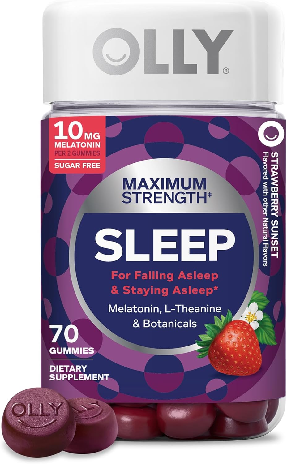 OLLY Max Strength Sleep Gummy, 10mg Melatonin, L-Theanine, Chamomile, Lemon Balm, Sugar Free, Vegetarian Sleep Aid, Strawberry - 50 Count