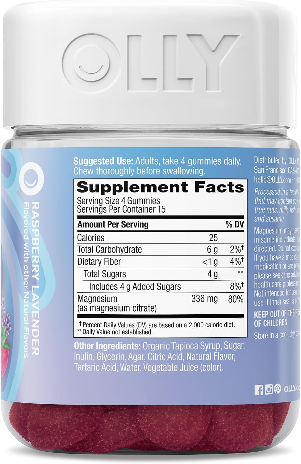 OLLY Relaxing Magnesium Gummies, Supports Muscle Relaxation*, Magnesium Citrate, Raspberry Lavender Flavor, 15 Day Supply - 60 Count
