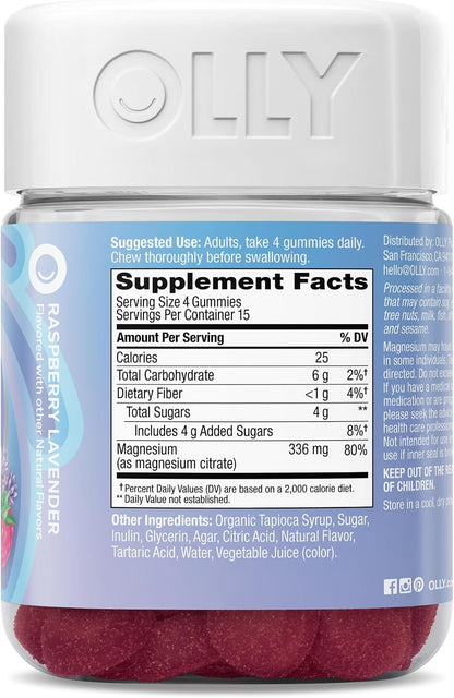 OLLY Relaxing Magnesium Gummies, Supports Muscle Relaxation*, Magnesium Citrate, Raspberry Lavender Flavor, 15 Day Supply - 60 Count