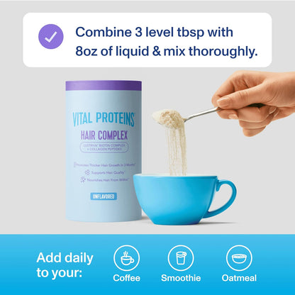 Vital Proteins Collagen Peptides + Biotin 10000mcg Hair Complex, Hair Growth Supplement - Clinically Studied Lustriva to Promote Thicker Fuller Hair, 20g Unflavored Collagen for Women 11.4oz Powder