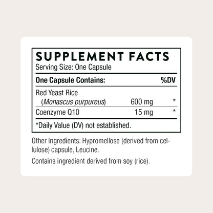 THORNE - Red Yeast Rice + CoQ10 - Supports Healthy Cholesterol Levels Already in a Normal Range & Heart Health - Added Antioxidant Support* - Third-Party Certified - Gluten-Free - 120 Capsules