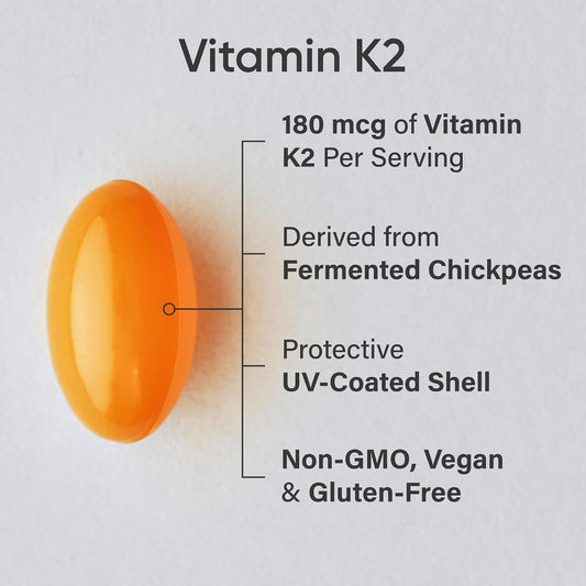 Sports Research® Vitamin K2 (MK-7) 180mcg w/Coconut MCT Oil, 60 Count | Vegan K2 from Chickpea | Supports Strong Bones | Vegan Certified, Non-GMO Verified, Gluten & Soy Free
