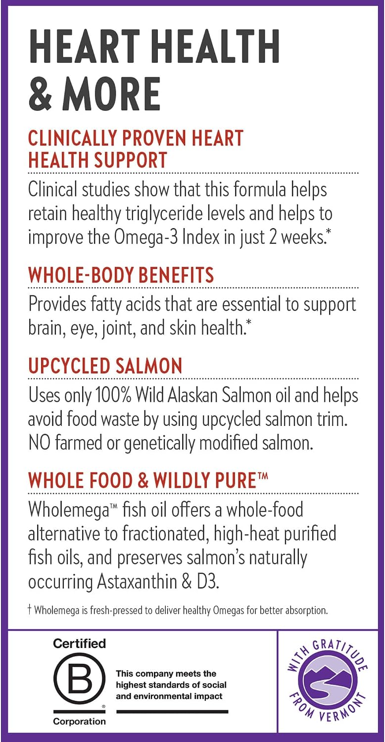 New Chapter Wholemega Fish Oil Supplement - 2000mg per Serving, Clinically Proven Wild Alaskan Salmon Oil with Omega-3 + Vitamin D3 + Astaxanthin, 60 Softgels