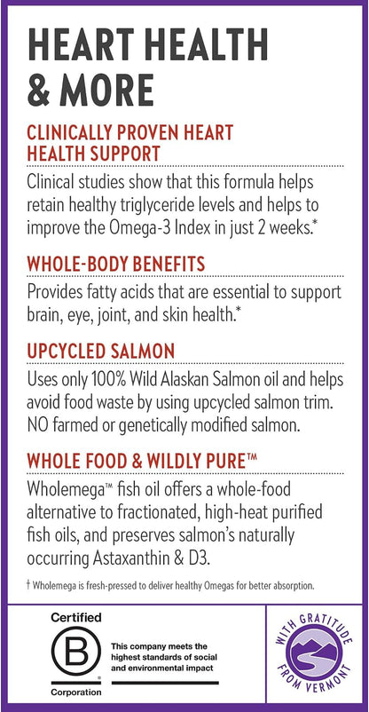 New Chapter Wholemega Fish Oil Supplement - 2000mg per Serving, Clinically Proven Wild Alaskan Salmon Oil with Omega-3 + Vitamin D3 + Astaxanthin, 60 Softgels
