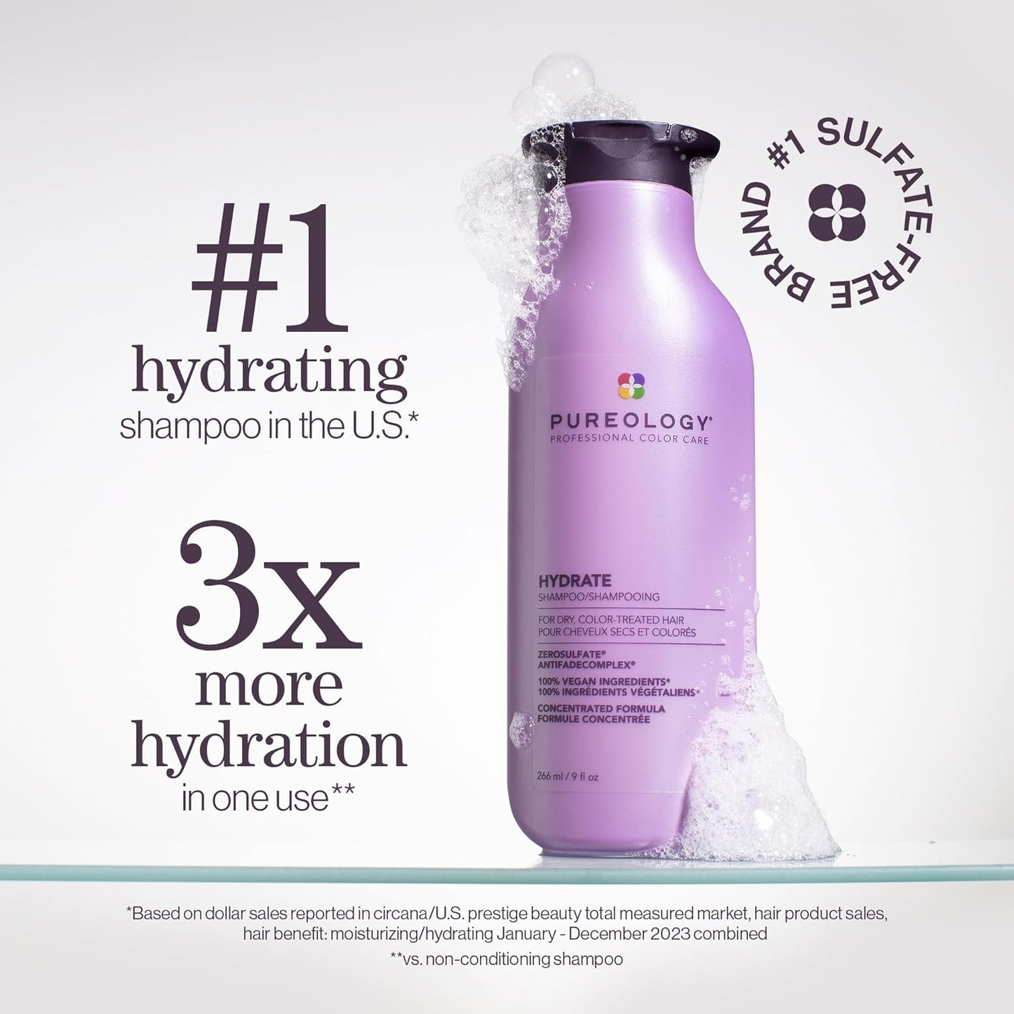 Pureology Hydrate Shampoo - For Dry or Color Treated Hair, Moisturizing Shampoo For Hydration & Softness, With Rose Extract & Green Tea, Vegan & Sulfate-Free