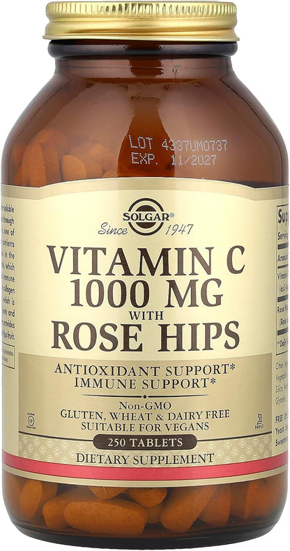 Solgar Vitamin C 1000 mg with Rose Hips, 250 Tablets - Antioxidant & Immune Support - Overall Health - Supports Healthy Skin & Joints - Non-GMO, Vegan and Kosher - 250 Servings