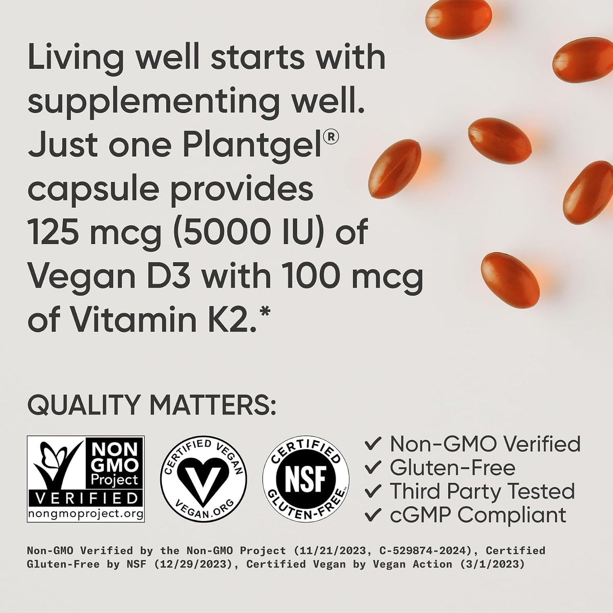 Sports Research® Vegan Vitamin D3 + K2 w/Coconut Oil, 30 Count Plantgels™ | Plant-Based Vitamin D 5000iu/125mcg & Soy-Free Vitamin K 100mcg for Bone & Immune Support - Vegan Certified · Non-GMO