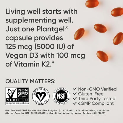 Sports Research® Vegan Vitamin D3 + K2 w/Coconut Oil, 30 Count Plantgels™ | Plant-Based Vitamin D 5000iu/125mcg & Soy-Free Vitamin K 100mcg for Bone & Immune Support - Vegan Certified · Non-GMO