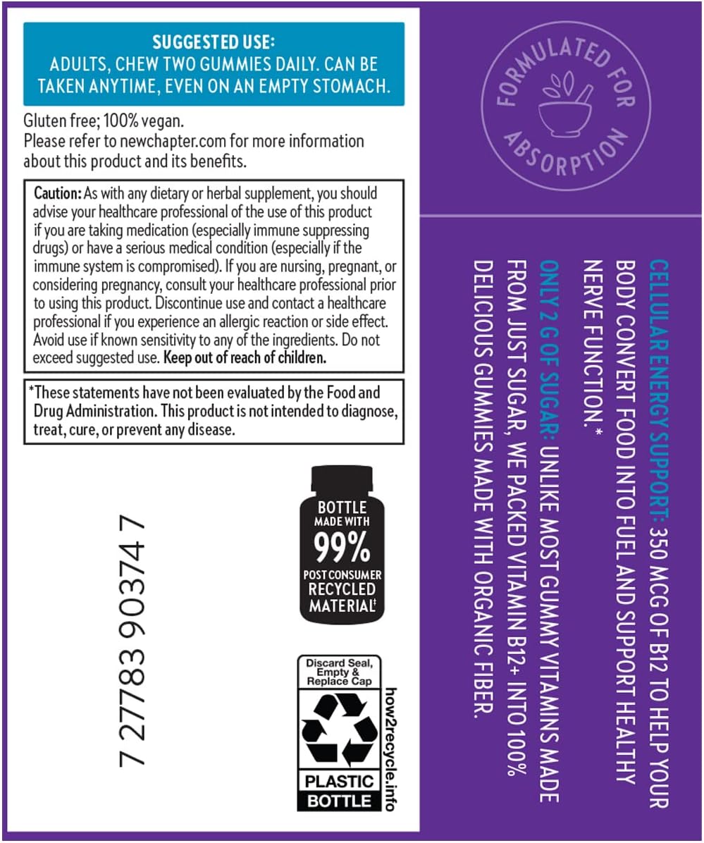 New Chapter® Organic Vitamin B12+ Gummies – 47% Less Sugar§, USDA Organic Vegan B12, Two Daily Gummies for Cellular Energy Support with Cordyceps, Non-GMO, Gluten Free, Raspberry Flavored, 60ct
