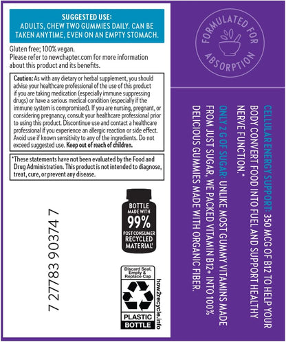 New Chapter® Organic Vitamin B12+ Gummies – 47% Less Sugar§, USDA Organic Vegan B12, Two Daily Gummies for Cellular Energy Support with Cordyceps, Non-GMO, Gluten Free, Raspberry Flavored, 60ct