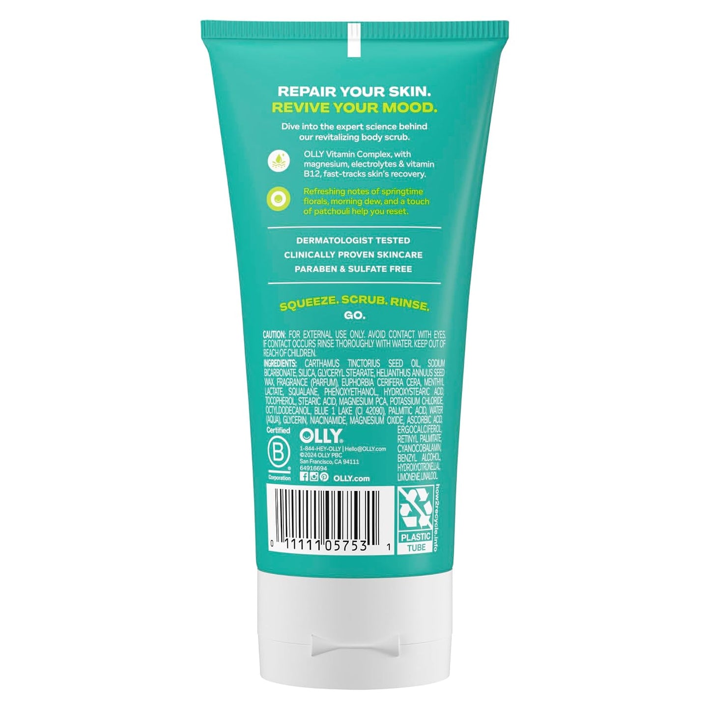 OLLY Revive Body Scrub with Magnesium, Electrolytes & Vitamin B12– Nourishing Cleanser for Skin Exfoliation, Barrier Repair, Refreshing Nerolidew Scent, 6 oz
