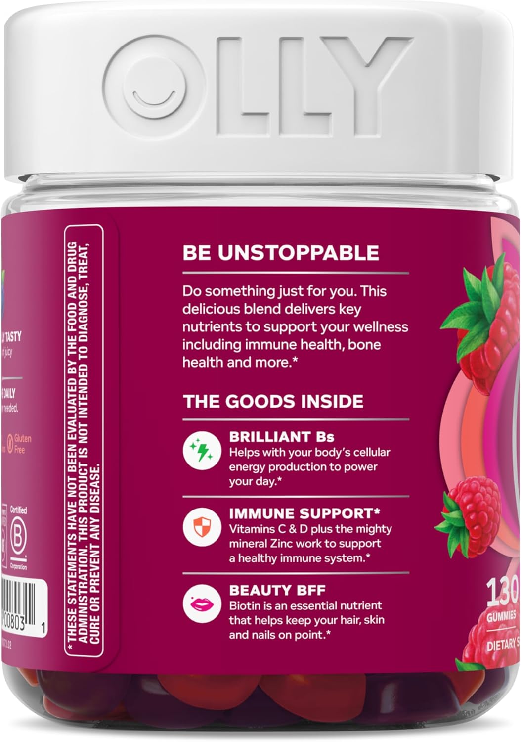 OLLY Women's Daily Multivitamin Gummy, Vitamins A, D, C, E, Biotin, Folic Acid, Adult Chewable Vitamin, Berry Flavor