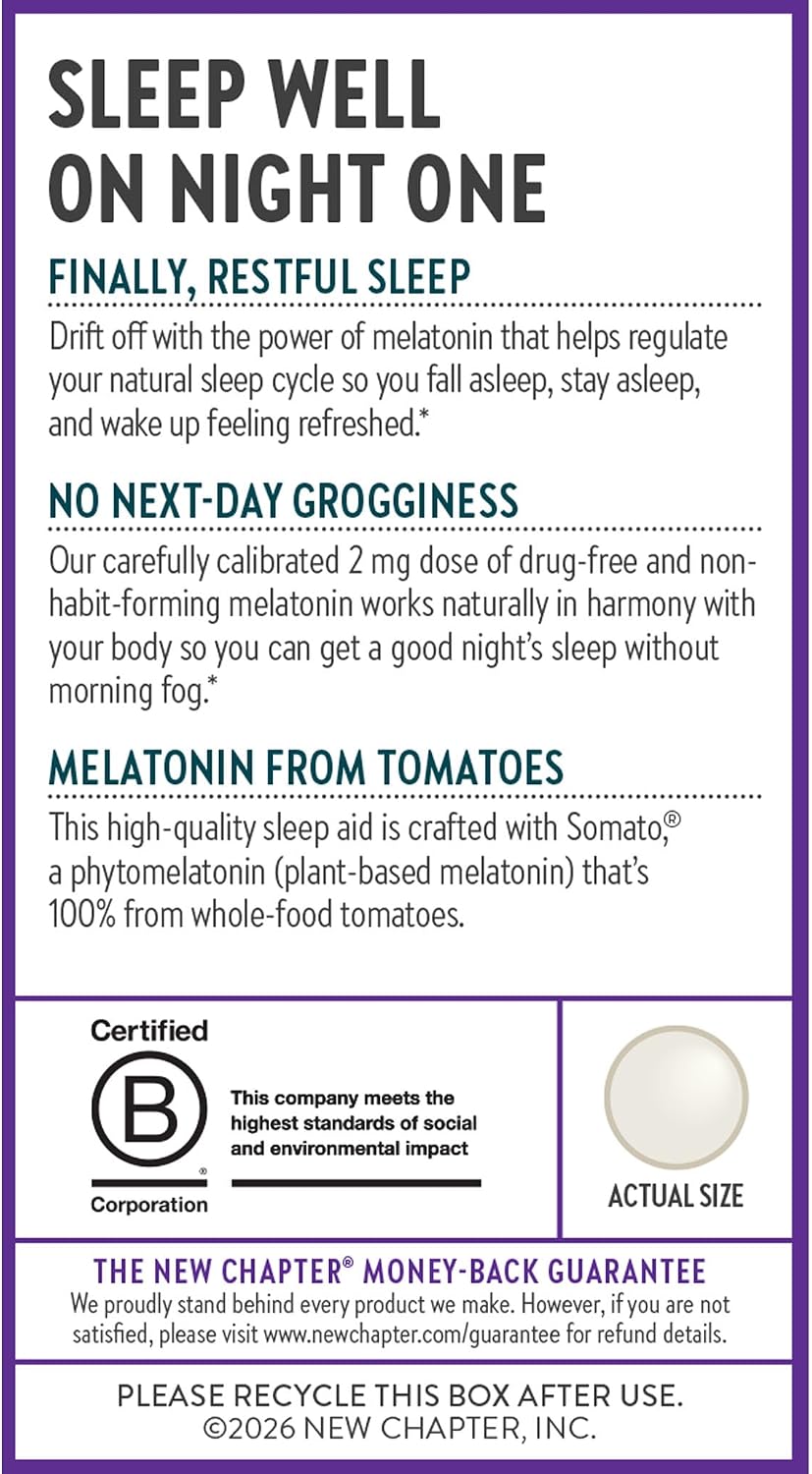 New Chapter Plant Melatonin 2mg - Sleep Aid for Adults with No Next-Day Grogginess, Nature-Inspired Sleep Formula Made with Melatonin from Tomato + Tart Cherry & Ashwagandha – Non-GMO, 30ct