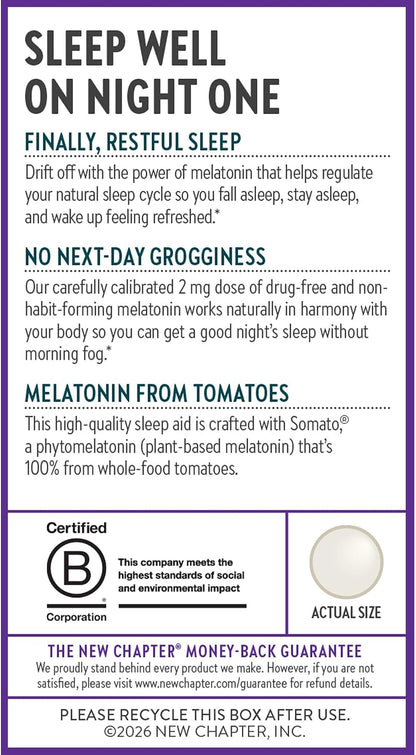 New Chapter Plant Melatonin 2mg - Sleep Aid for Adults with No Next-Day Grogginess, Nature-Inspired Sleep Formula Made with Melatonin from Tomato + Tart Cherry & Ashwagandha – Non-GMO, 30ct