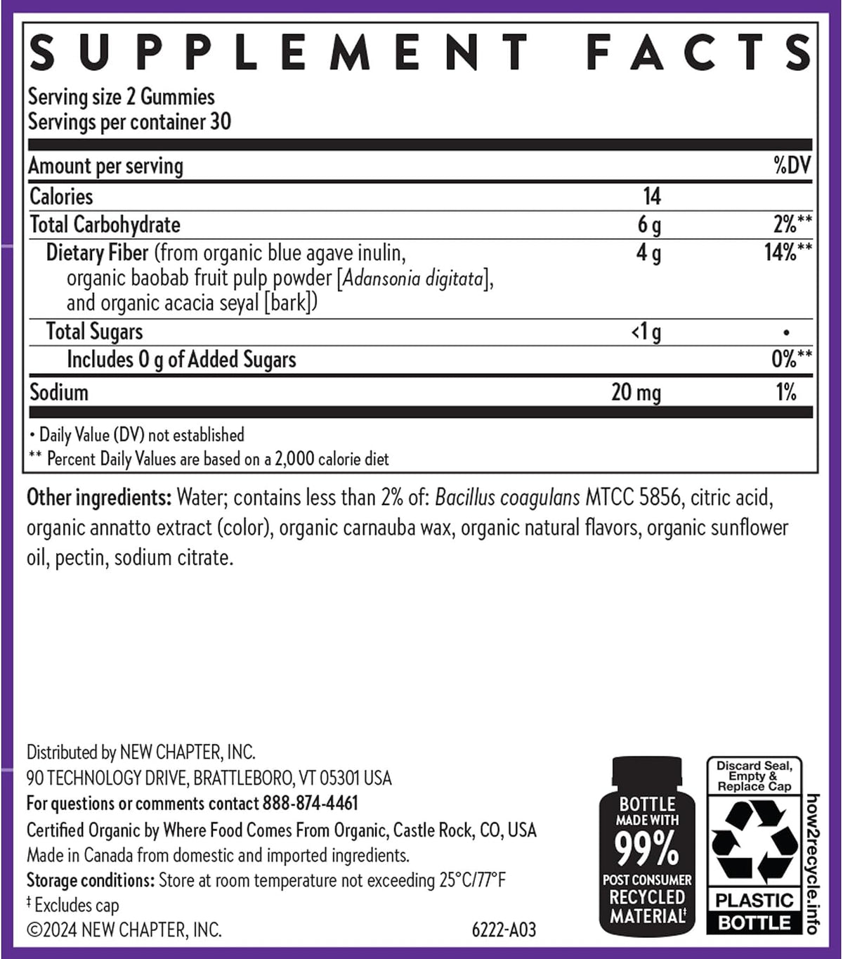 New Chapter Organic Fiber Gummies - Prebiotic Fiber for Digestive & Gut Health Support* - No Added Sugar - USDA Organic, Non-GMO & Vegetarian - 60 Gummies