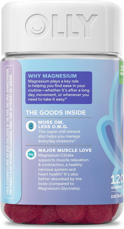 OLLY Relaxing Magnesium Gummies, Supports Muscle Relaxation*, Magnesium Citrate, Raspberry Lavender Flavor, 15 Day Supply - 60 Count