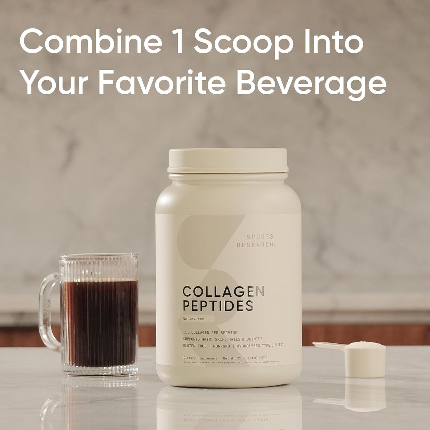 Sports Research® Collagen Peptides Protein Powder 16oz (Unflavored) | 11g Grass-Fed Collagen per Scoop · Hair, Skin & Joint Support · Easy to Mix in Coffee & Shakes - 41 Servings