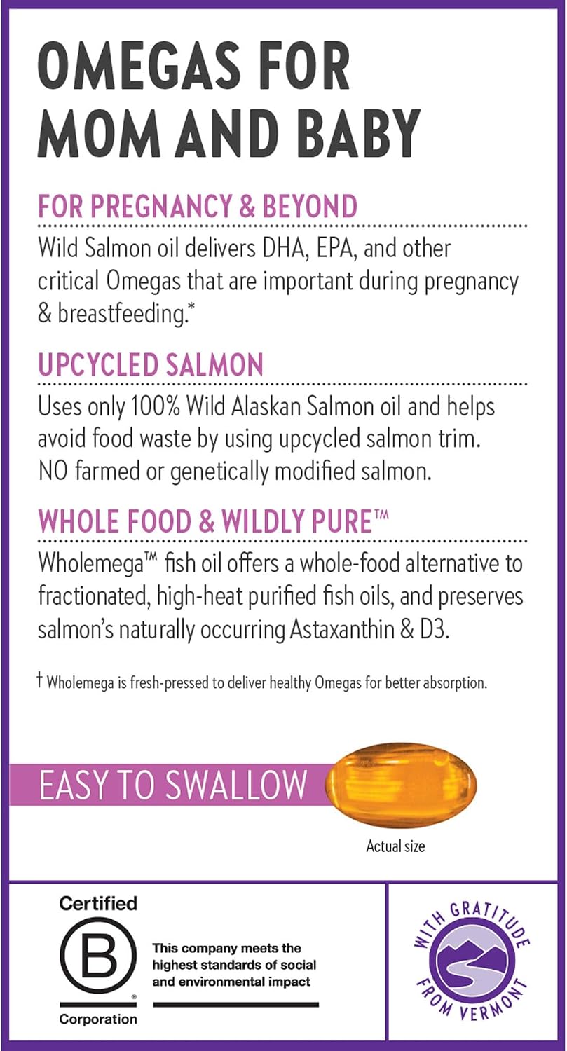 New Chapter Wholemega for Moms Fish Oil Supplement, Tiny Capsules, 2000mg per Serving, Prenatal DHA with Omega-3 + Vitamin D3 for Prenatal & Postnatal Support, 500mg Each - 90 Count