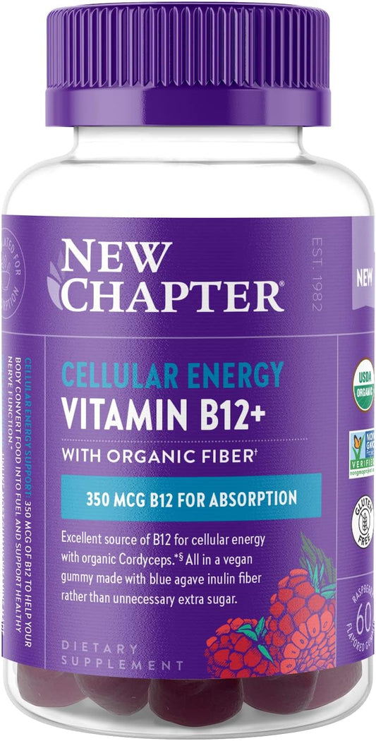 New Chapter® Organic Vitamin B12+ Gummies – 47% Less Sugar§, USDA Organic Vegan B12, Two Daily Gummies for Cellular Energy Support with Cordyceps, Non-GMO, Gluten Free, Raspberry Flavored, 60ct