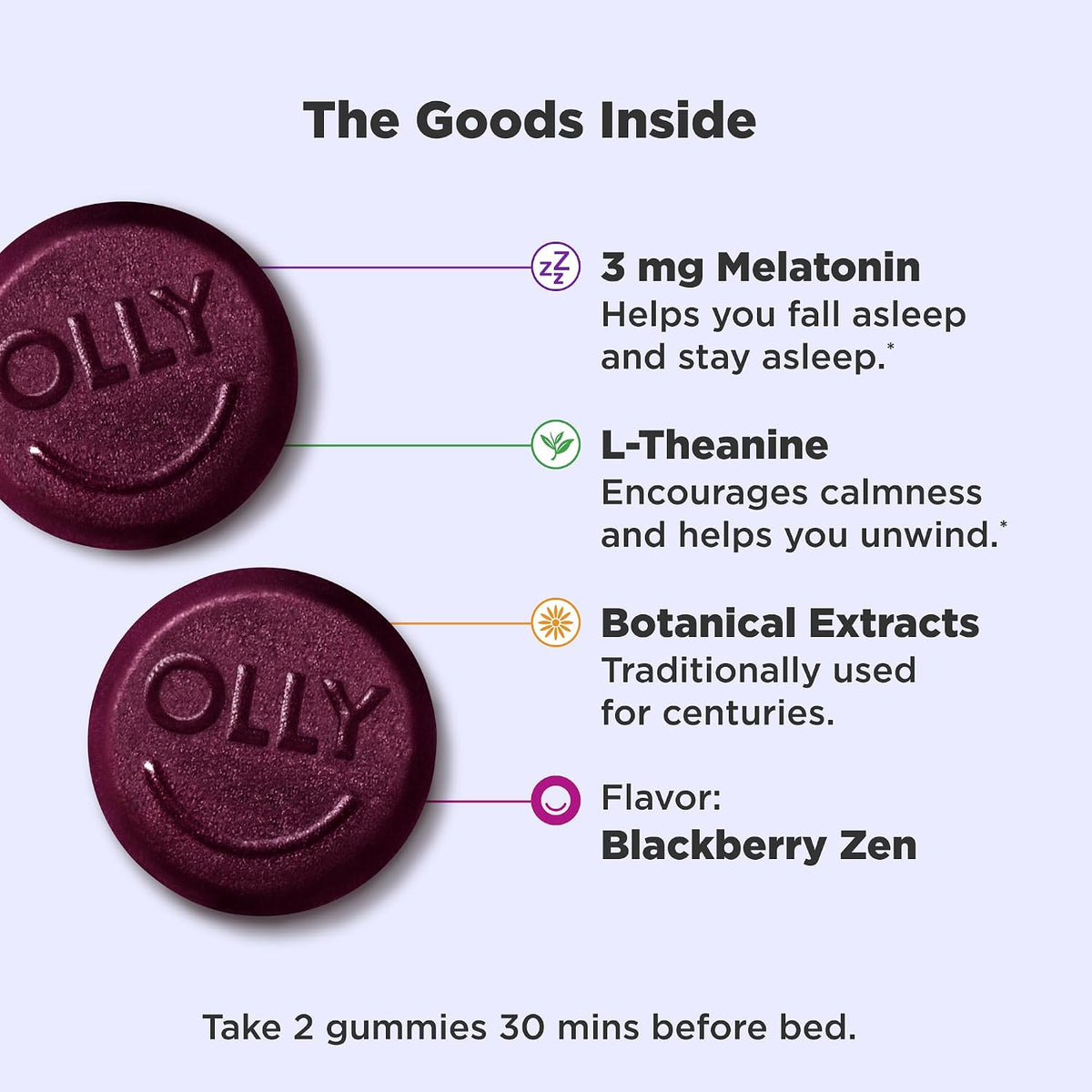 OLLY Sleep Gummies for Adults, 3 mg Melatonin Gummies with L-Theanine, Sleep Support for Restful Sleep*, Non-Habit Forming Sleep Support*, Blackberry Zen, Gluten Free, 60 Count