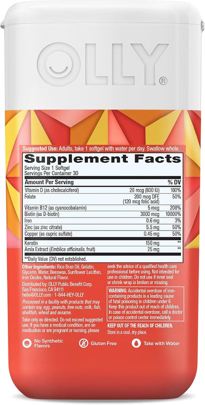OLLY Ultra Strength Hair Softgels, Supports Hair Health, Biotin, Keratin, Vitamin D, B12, Hair Supplement, 30 Day Supply - 30 Count (Packaging May Vary)