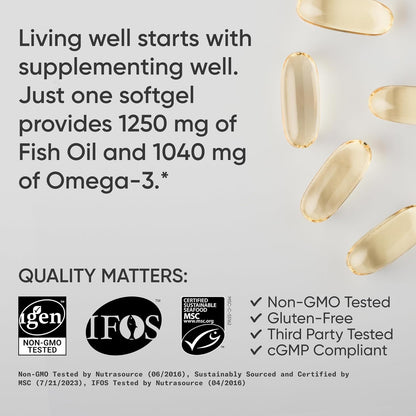 Sports Research® Omega-3 Fish Oil 1250mg from Wild Alaska Pollock, 30 Count | Always Fresh Never Fishy | 690mg EPA 260mg DHA per Softgel · Heart & Brain Health* · MSC Certified Sustainable - 30 Servings