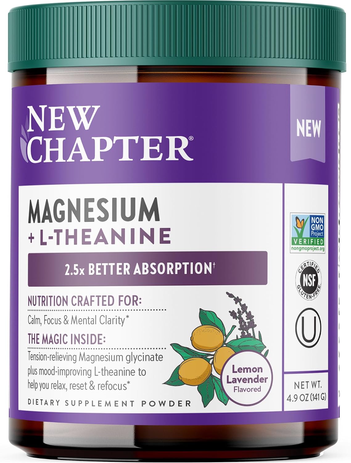 New Chapter Magnesium Glycinate + L-Theanine Supplement Powder, with 325 mg Magnesium & L-Theanine 200 mg for Calm, Focus, Mental Clarity, Muscle Relaxation & Cortisol Balance*, 30 Servings