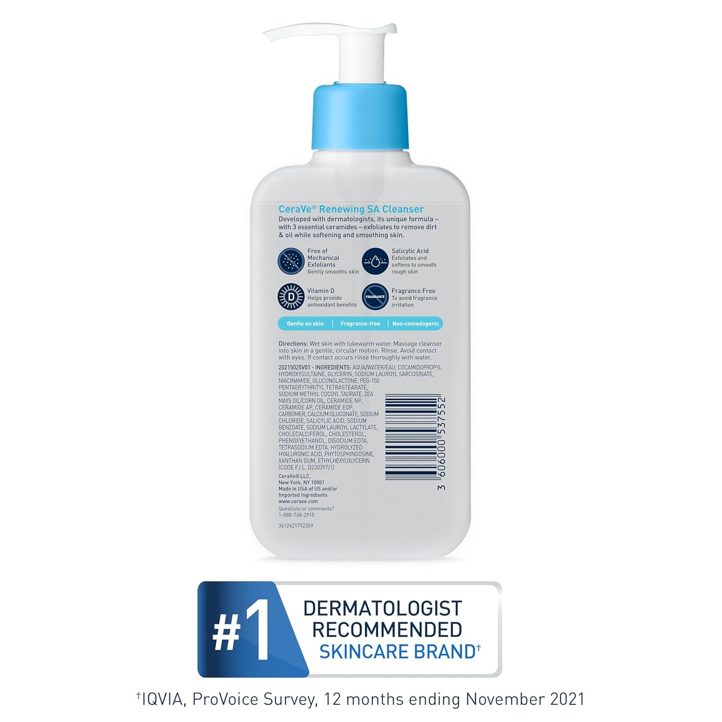 CeraVe Renewing Salicylic Acid Cleanser, Formulated With Hyaluronic Acid, Niacinamide, & Ceramides, Gentle BHA Exfoliating Face Wash Smooths & Softens Skin, Non Comedogenic & Fragrance Free, 8/16 Ounce