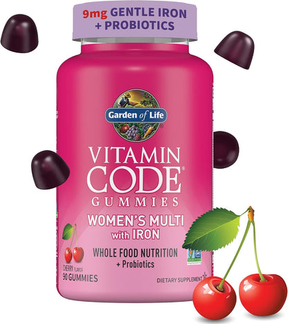 Garden of Life Vitamin Code Women's Multivitamin Gummies with Iron and Probiotics for Immune Health, Digestive Support, and Energy Support, Non-GMO, Cherry Flavor, 90 Gummies