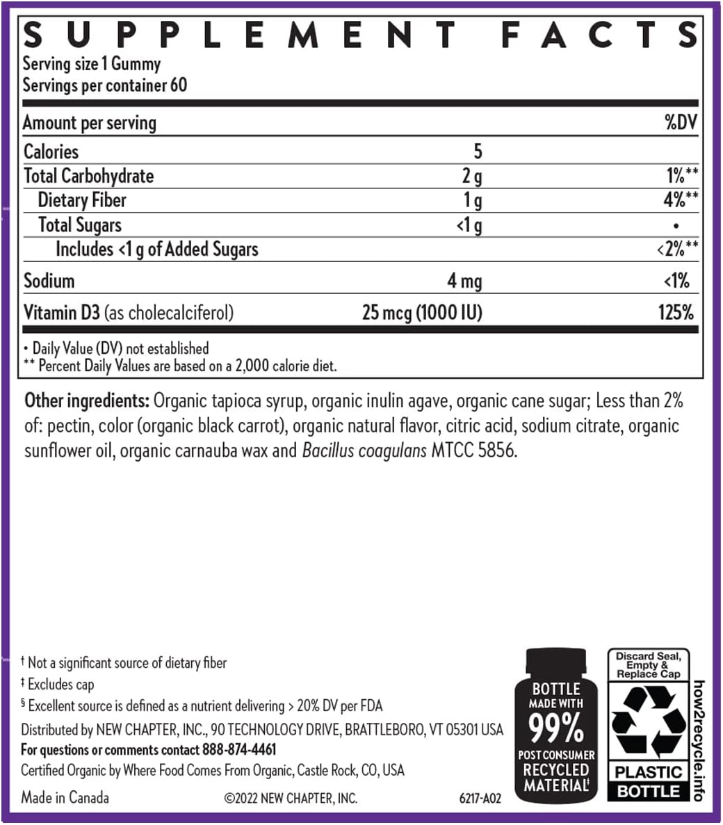 New Chapter Organic Vitamin D3+ Gummies – 52% Less Sugar§, 1,000 IU USDA Organic Vitamin D, ONE Daily Gummy for Strong Bones & Muscle Function, Non-GMO, Gluten Free, Mixed Berry Flavored, 60ct