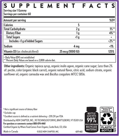 New Chapter Organic Vitamin D3+ Gummies – 52% Less Sugar§, 1,000 IU USDA Organic Vitamin D, ONE Daily Gummy for Strong Bones & Muscle Function, Non-GMO, Gluten Free, Mixed Berry Flavored, 60ct