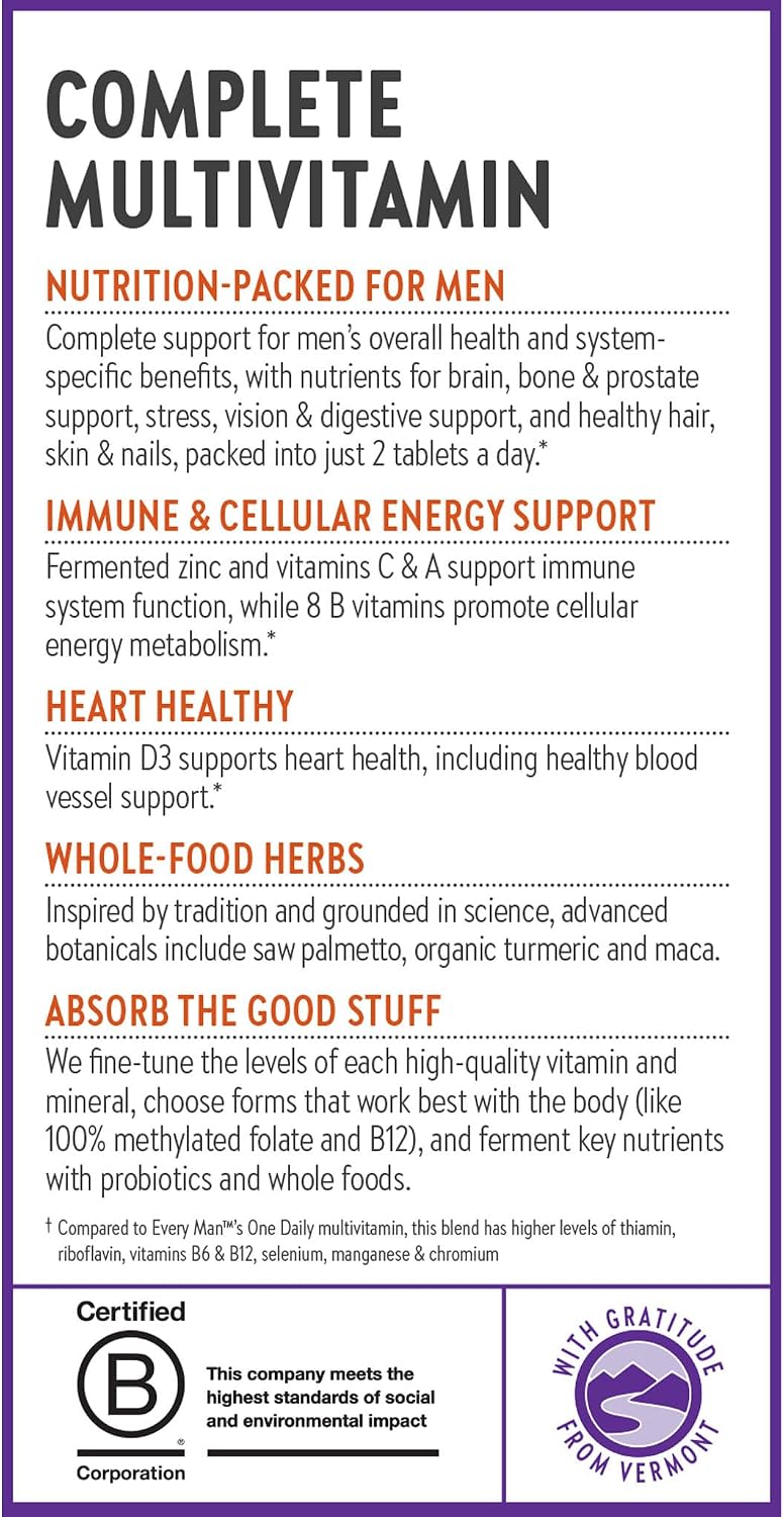 New Chapter Men's Multivitamin Advanced Formula for Stress, Brain, Immune, Heart & Energy Support, Higher Levels of Whole-Food Fermented Essential Nutrients for Men + Selenium + B Vitamins, 72 ct