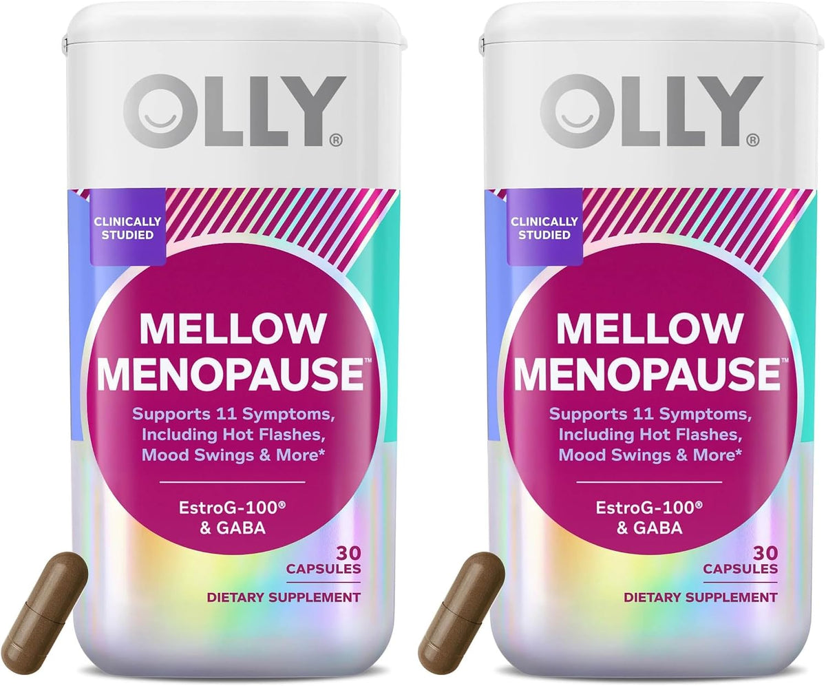 OLLY Mellow Menopause Supplements for Women, Supports Hot Flashes, Vaginal Dryness & Occasional Mood Swings,* Estro-G100®, GABA, Vegan Capsules, 1 Month Supply - 30 Count
