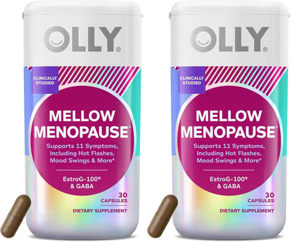 OLLY Mellow Menopause Supplements for Women, Supports Hot Flashes, Vaginal Dryness & Occasional Mood Swings,* Estro-G100®, GABA, Vegan Capsules, 1 Month Supply - 30 Count