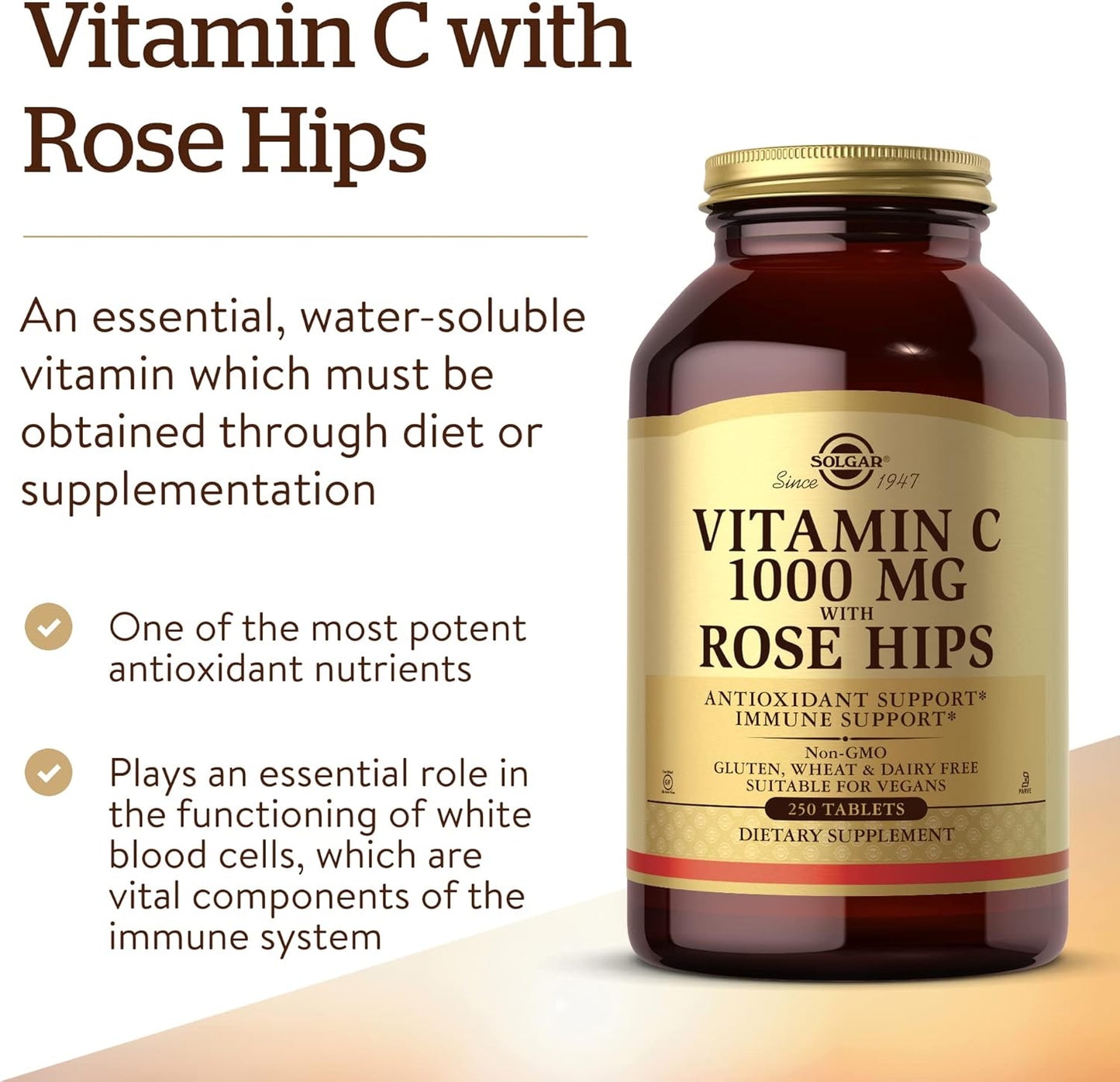 Solgar Vitamin C 1000 mg with Rose Hips, 250 Tablets - Antioxidant & Immune Support - Overall Health - Supports Healthy Skin & Joints - Non-GMO, Vegan and Kosher - 250 Servings