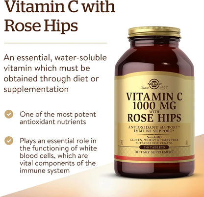 Solgar Vitamin C 1000 mg with Rose Hips, 250 Tablets - Antioxidant & Immune Support - Overall Health - Supports Healthy Skin & Joints - Non-GMO, Vegan and Kosher - 250 Servings