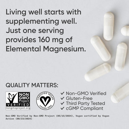 Sports Research® Magnesium Glycinate 160mg, 90 Veggie Capules | 1441mg Cheletated Magnesium per Serving | Gentle on the Stomach | Non-GMO, Soy Free, Essential Mineral