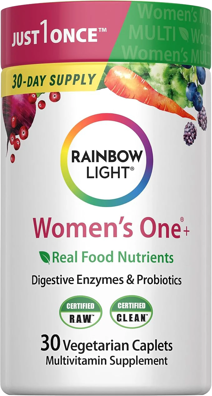 Rainbow Light Womens Multivitamin One + | 30/60 Caplets | Real Food Nutrients, Digestive Enzymes & Probiotics